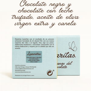 Lazarita chocolate negro y chocolate con leche trufado, aceite de oliva virgen extra y canela