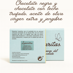 Lazarita chocolate negro y chocolate con leche trufado, aceite de oliva virgen extra y jengibre