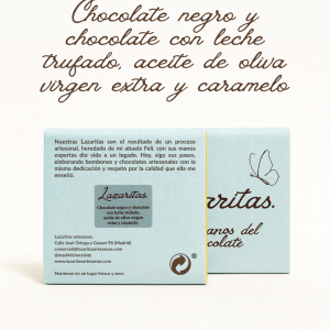 Lazarita de chocolate negro y chocolate con leche trufado, aceite de oliva virgen extra y caramelo