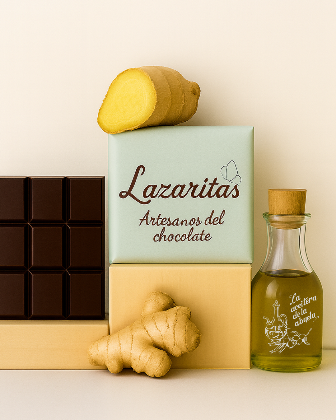 Lazarita de chocolate negro y chocolate con leche trufado, aceite de oliva virgen extra y jengibre - Imagen 3